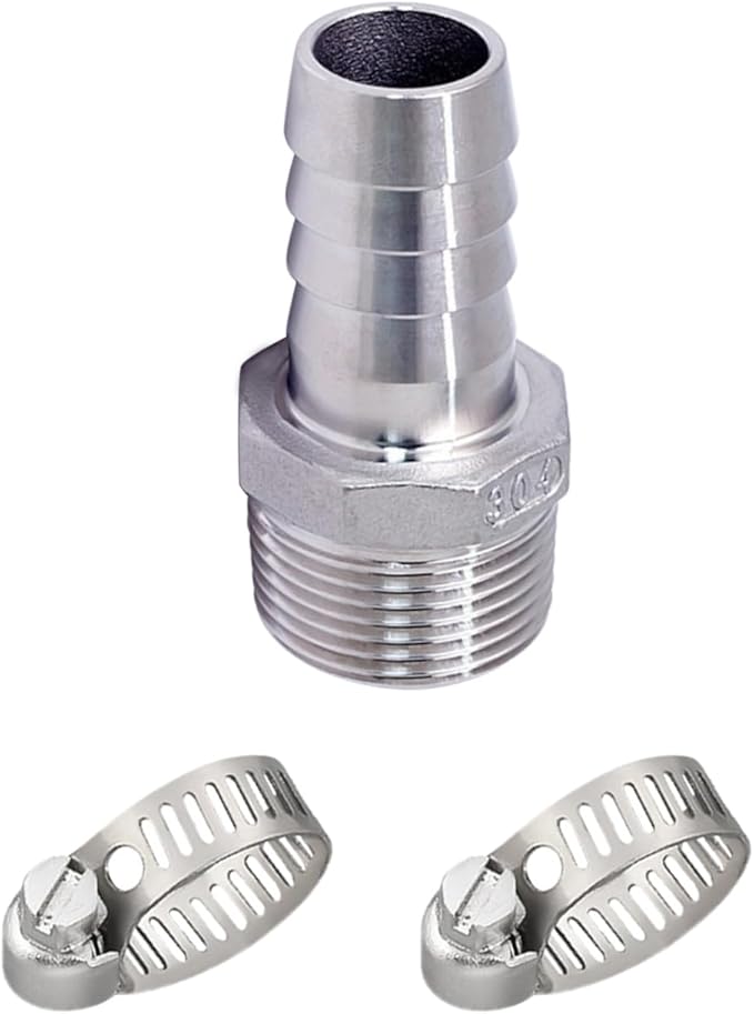 Stainless Steel 304 Hose Barb Fitting, 2" Barbed x 2" NPT Male Straight Adapter Connector with 2 Hose Clamps，Pack of 1