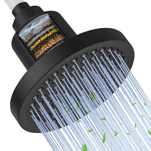 Filtered 6 Inch Round Rain Shower Head High Pressure Rainfall Showerhead Filter Heavy Duty For Hard Water Universal for Remove Chlorine and Harmful Substances Matte Black