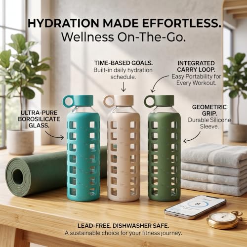 40oz / 32oz / 22oz / 12oz Borosilicate Glass Water Bottle with Time & Volume Markers, Silicone Sleeve, Stainless Steel Lid | Reusable Glass Bottle for Water & Juice (40oz Chinese Porcelain)