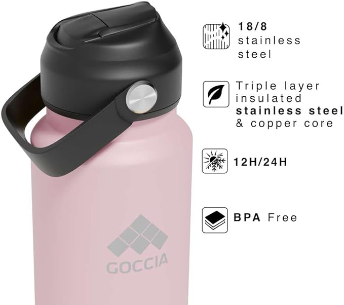 Sip & Scent 2-in-1 Smart Design 30 oz Insulated Water Bottle with Straw and Spout Lids and Refillable Perfume Container – 3-Layer Copper-Core, Leak-Proof Stainless Steel Water Bottle (Pink)