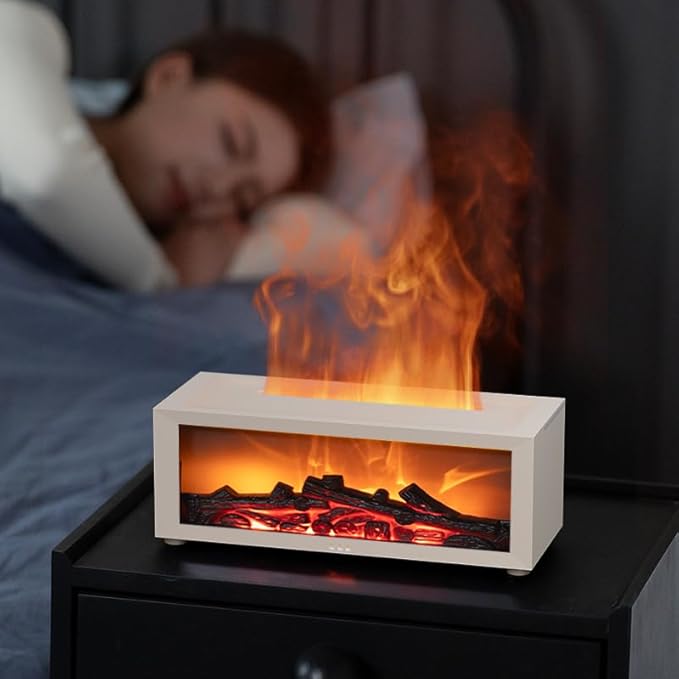 Eseential Oil Diffuser, Fireplace Flame Oil Diffuser - Aromatherapy Aroma Humidifier, Upgrade 7 Flame Colors Noiseless 150ml Remote Control - Perfect for Bedroom Home Office (Fireplace White)