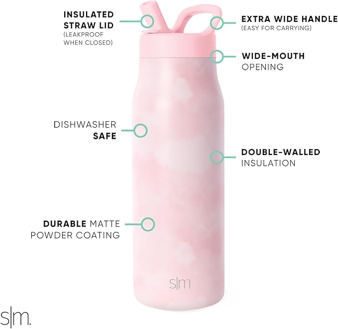 Simple Modern Water Bottle with Straw lid | Insulated Stainless Steel Thermos | Reusable Travel Water Bottles for Gym & Sports | Leak Proof & BPA Free | 34oz, Blush Tie Dye