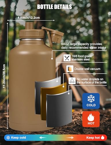 64 Oz Brown Tactical Water Bottle with 3 Lids