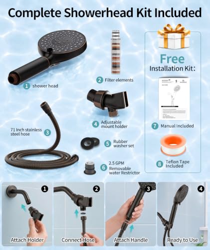 Filtered Shower Head with Handheld High Pressure 9 Spray Mode Showerhead Detachable Shower Head Water Softener Filters Beads for Hard Water Remove Chlorine 1 Filter ORB
