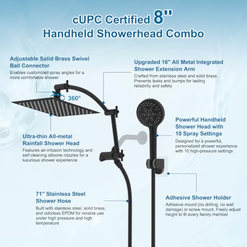 Metal 8" High Pressure Rain Shower Head Combo