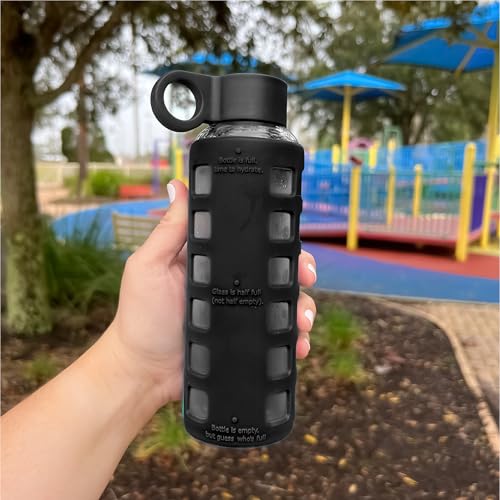 40oz / 32oz / 22oz / 12oz Borosilicate Glass Water Bottle with Time & Volume Markers, Silicone Sleeve, Stainless Steel Lid | Reusable Glass Bottle for Water & Juice (12oz Jet Black)