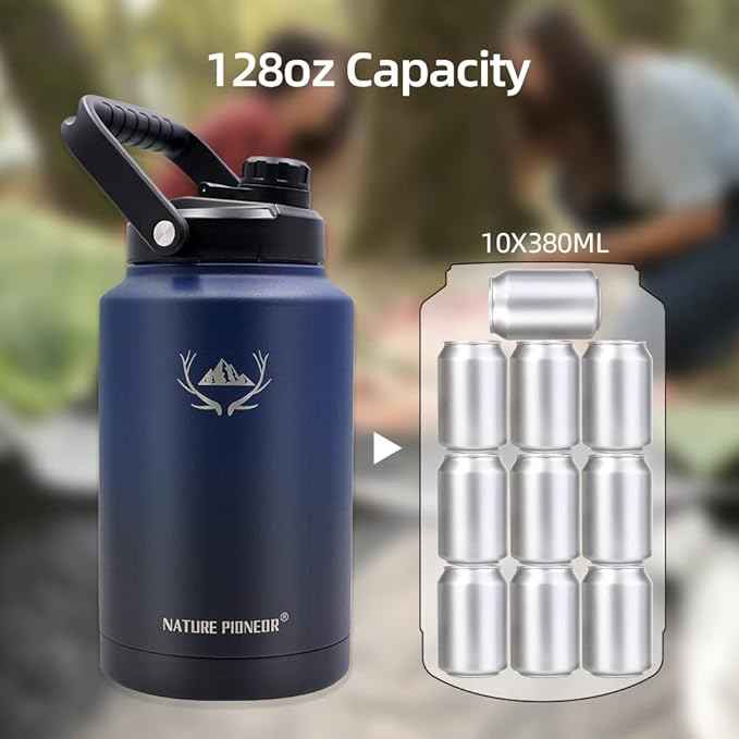 NATURE PIONEOR 1 Gallon Insulated Water Bottle - Double Vacuum Stainless Steel 128 oz Water Bottle with Holder/Carrier, Wide Mouth 1 gallon Water Jug for Outdoor Sports, Hiking, Camping, Gym