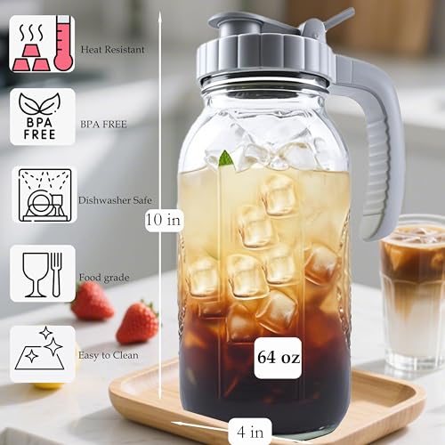 64 Oz Glass Mason Jar Water Pitcher With Lid Wide Mouth Sun Tea Pitchers (2 Count)