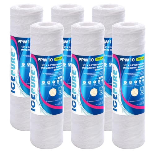 10 Micron 10" x 2.5" String Wound Sediment Water Filter Cartridge for Well filter Universal Replacement for Any 10 inch RO Unit (6 Count)