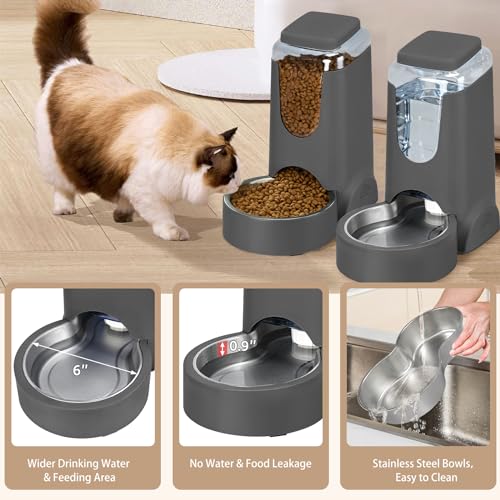 2 Pack Automatic Cat Feeder and Gravity Stainless Steel Water Dispenser