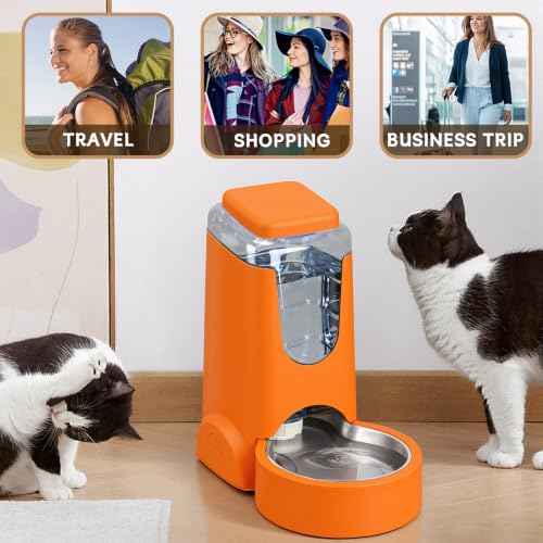 Portable Automatic Cat Feeder and Water Dispenser with Stainless Steel Bowl Dog Gravity Food Feeder and Waterer for Small Medium Pets Puppy Kitten 1 Gallon x 2