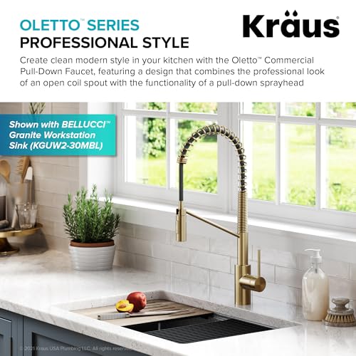 Oletto Commercial Style Single Handle Pull Down Kitchen Faucet with QuickDock Top Mount Installation Assembly in Spot Free Antique Champagne Bronze