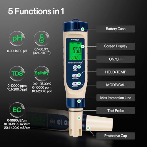 5-in-1 Digital PH Meter with PH/Salinity/TDS/EC/Temperature Function, Backlight Screen, IP67 Waterproof for Hydroponics, Home Drinking, Pool and Aquarium