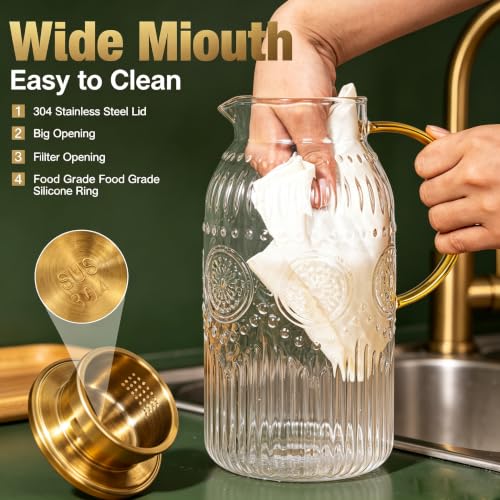 Glass Pitcher with Lid 68oz 2L Vintage Water Carafe Beverage 1Pack