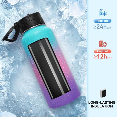 32 oz Insulated Water Bottles Bulk with 2 Lids (4 Count)