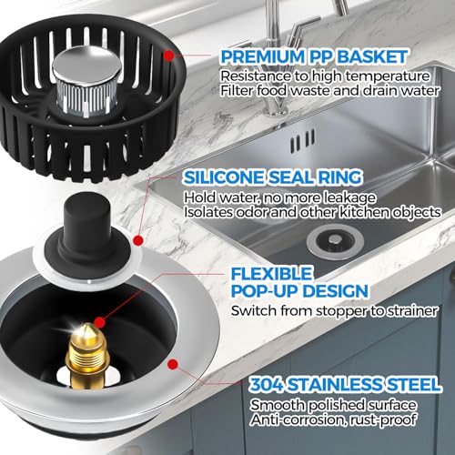 3 in 1 Kitchen Sink Drain Strainer Stopper Removable Basket Pop (2 Count)