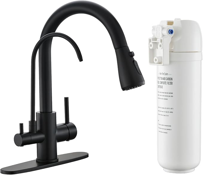 CENOSA 3 in 1 Black Kitchen Faucet with Sprayer Two Handle Kitchen Sink Faucet with Under Sink Water Filter System Reduces PFAS, PFOA/PFOS, Lead, Chlorine, Bad Taste & Odor