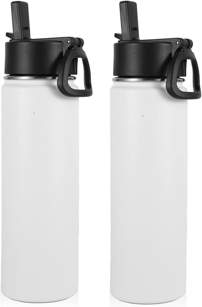 Volhoply Insulated Water Bottles with Straw Bulk 2 Pack, Not Suitable for Sublimation,22 oz Stainless Steel Sports Bottle with Handle Lid,Double Walled Vacuum Metal Water Cups(White,2 Set)