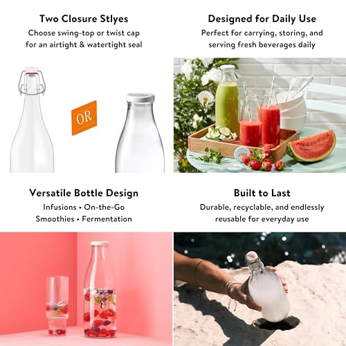 French Glass Milk Bottles with Printed Airtight Twist Lids (6 Count)