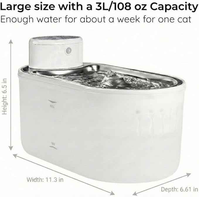 Wireless Cat Water Fountain 3L/108oz, Cordless Battery‑Operated Pet Fountain with Stainless Steel Drinking Tray, Quiet 20 dB Automatic Modes, BPA‑Free Easy‑Clean Water Dispenser for Cats & Small Dogs