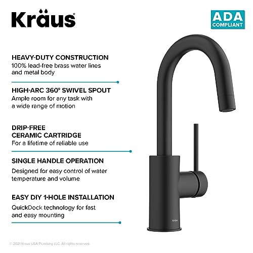 Oletto Single Handle Kitchen Bar Faucet with QuickDock Top Mount Installation Assembly in Matte Black