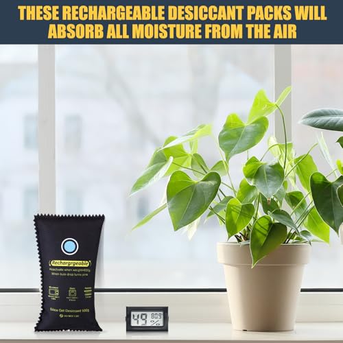 8 Pcs 500 Grams Rechargeable Silica Gel Desiccant Packets with Mini Digital LCD Hygrometer Thermometers Dehumidifier Bag for Gun Safe Closet Basement Car Storage Clothes Moisture Absorber (4 Count)