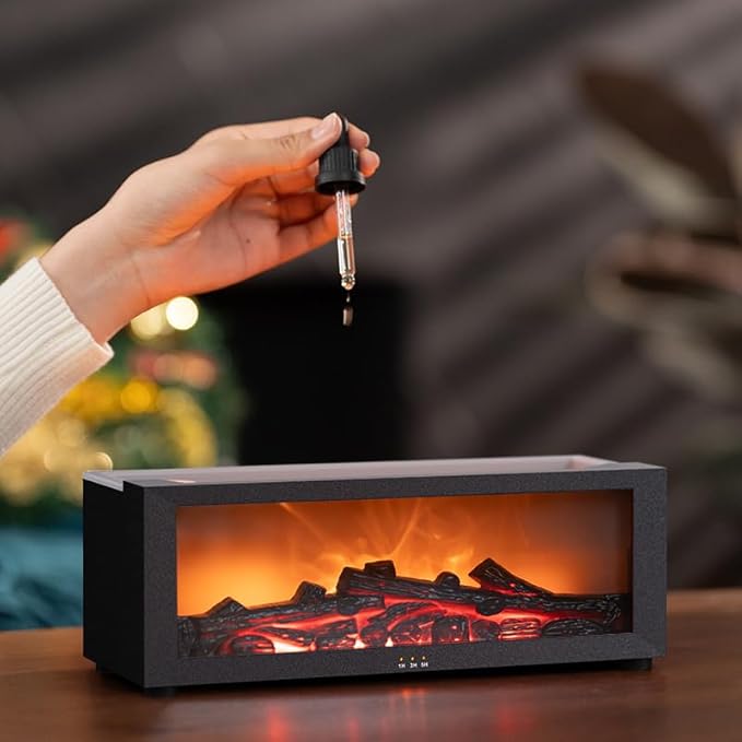 Eseential Oil Diffuser, Fireplace Flame Oil Diffuser - Aromatherapy Aroma Humidifier, Upgrade 7 Flame Colors Noiseless 150ml Remote Control - Perfect for Bedroom Home Office (Fireplace White)