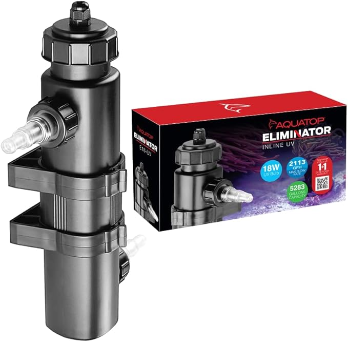 Aquatop 18W Inline UV for Aquariums - 2113 GPH, Ideal for Fresh & Saltwater Tanks Up to 300 Gallons, Maintains Crystal Clear Water, E-18