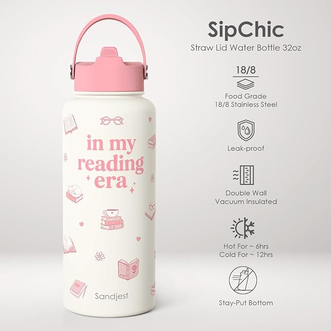 Book Lover Gift for Women, Water Bottle Stainless Steel 32oz with Lid & Straw, In My Reading Era Insulated Bottles Gifts for Girls Friends Teens Birthday Christmas