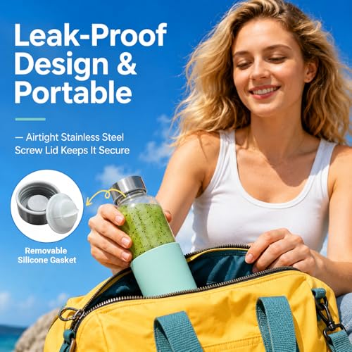 16 oz Glass Water Bottles with Lids and Silicone Sleeve 4 Pack