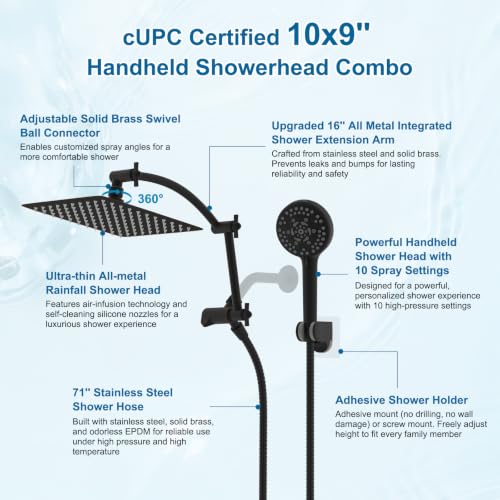 Metal 10" High Pressure Rain Shower Head Combo