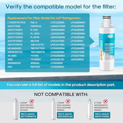 Alkaline LT1000PC Refrigerator Water Filter Replacement for LG LT1000P (2 Count)