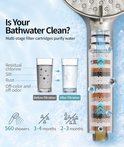 Filtered Shower Head with Handheld High Pressure 9 Spray Mode Showerhead Detachable Shower Head Water Softener Filters Beads for Hard Water Remove Chlorine 4 Filters Brushed Nickel