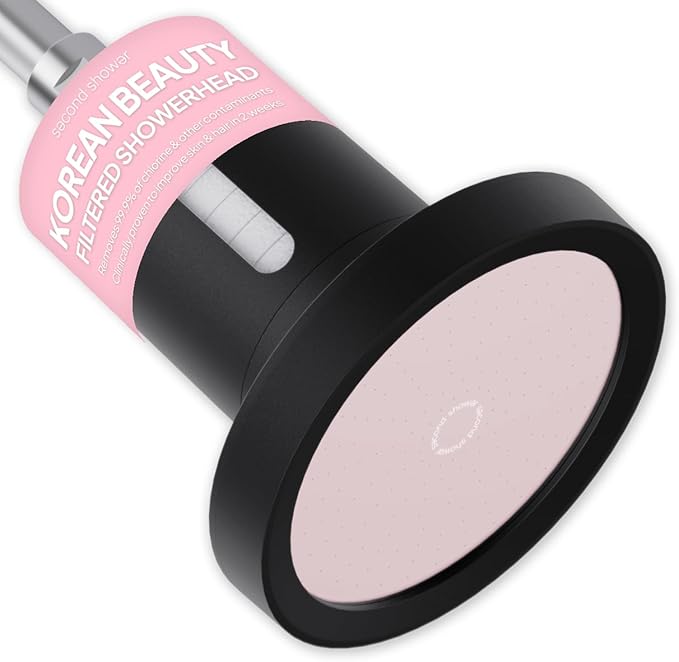 SecondShower Filtered Shower Head for Hard Water, Clinically Proven, NSF Certified 99.9% Chlorine Removal, High Pressure, Korean Beauty Secret Natural Filter (Black Pink)