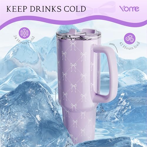 40oz Elegant Purple Bow Tumbler with Handle and Flip Straw