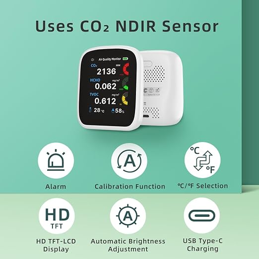 Indoor Air Quality Monitor, 5 in 1 Professional & Accurate CO2, TVOC, HCHO, Humidity& Temperature Detector for Tent Camping Home Office School Car