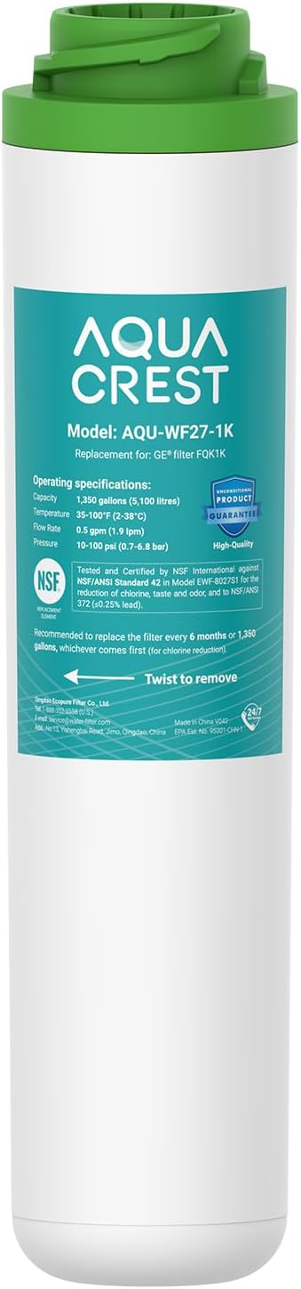 AQUA CREST FQK1K Under Sink Water Filter, 1350 Gallons, NSF/ANSI 42 372 Certified, Replacement for GE FQK1K, FQK2J, GXK185K and GX1S50R (Pack of 1) - AquaVibe