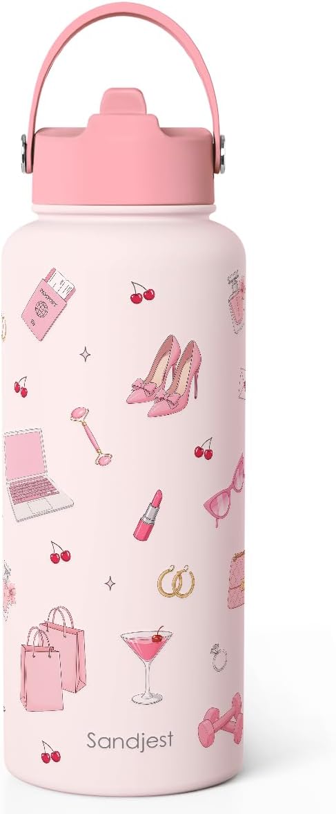 Girly Things Gift for Women, Water Bottle Stainless Steel 32oz with Lid & Straw, Pink Aesthetic Insulated Bottles Gifts for Girls Friends Teens Birthday Christmas