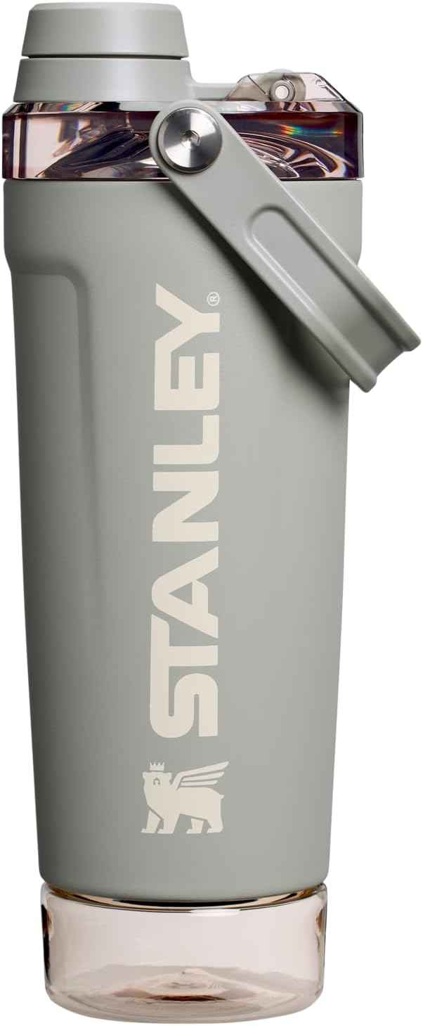 STANLEY Vitalize Shaker Bottle 20 oz | Leakproof Insulated Stainless Steel Shaker Cup | Base Storage and Twist On Fast Flow Lid | Protein Shakes and Pre Workout Powder | BPA-Free | Sage Grey