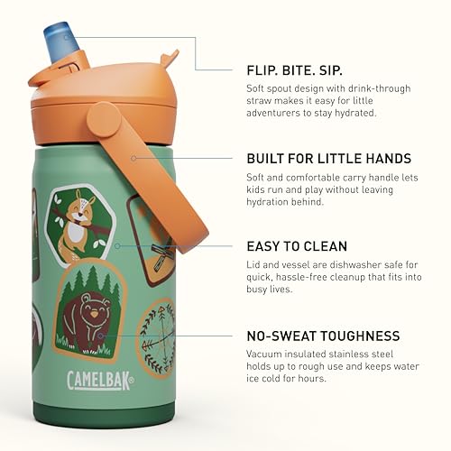 Thrive Flip Straw Kids Bite Valve Stainless Steel Water Bottle Camp Badges