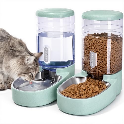 Automatic Cat Feeder and Water Dispenser with Stainless Steel Bowl Gravity Food Feeder and Waterer Set for Small Medium Dog Puppy Kitten 1 Gallon x 2