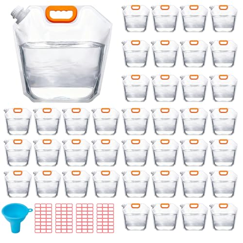 40 Pcs 1.3 Gallon Collapsible Water Storage Bag with Funnel and Labels Leakproof Emergency Jug Container Clear Plastic Water Bladder Outdoor Flat Pouch for Hiking Sport Backpack Camping (40 Count)