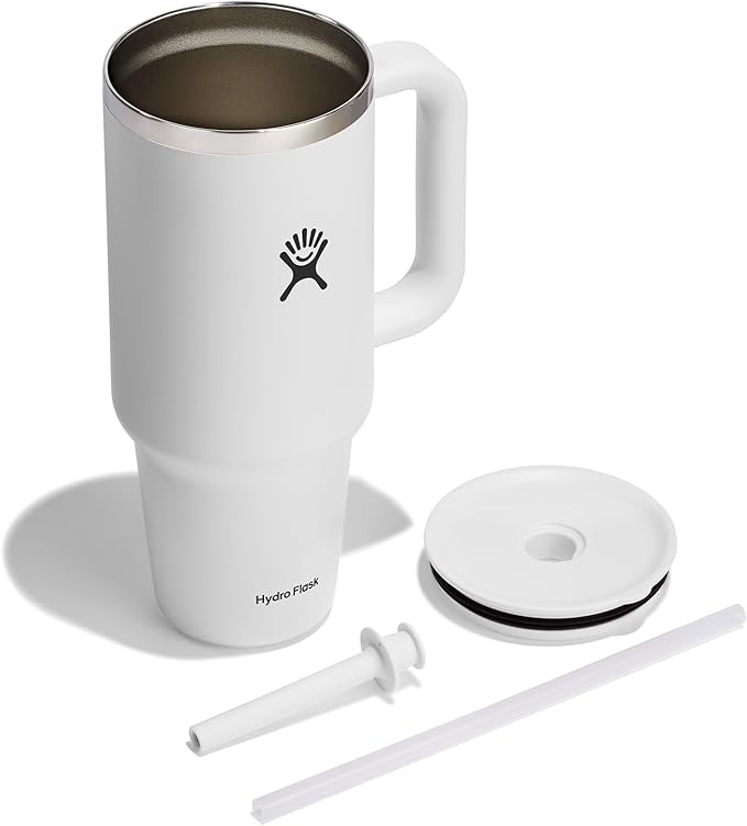 Hydro Flask Travel Tumbler with Handle, Lid and Straw - Insulated Stainless Steel in 40 Oz White