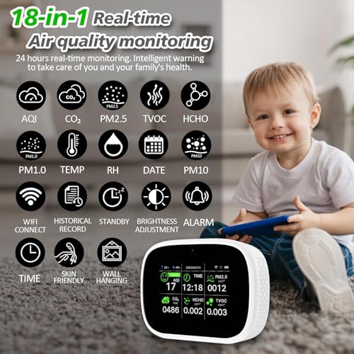 18-in-1 Smart Air Quality Monitor, WiFi Indoor Air Detector with Dual Chip, Real-Time Monitoring for AQI, CO2, PM2.5, PM1.0, PM10, TVOC, HCHO, Time, Temperature and Humidity with APP