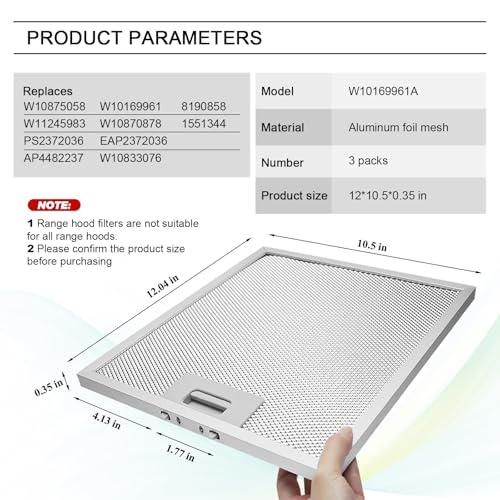 Updated W10169961A Range Hood Filter Replacement (3 Count)