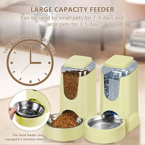 Portable Automatic Cat Feeder and Water Dispenser with Stainless Steel Bowl Dog Gravity Food Feeder and Waterer for Small Medium Pets Puppy Kitten 1 Gallon x 2