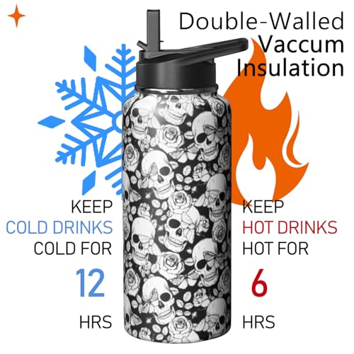 32oz Skull Water Bottle with Handle and Flip Straw