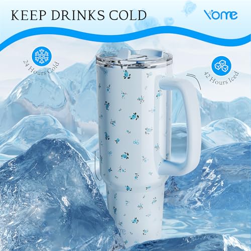 40oz Blue Floral Tumbler with Handle and Flip Straw