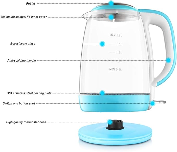 8L Glass Electric Kettle, 1500W Eco Water Kettle, Illuminated Led, Free Cordless Water Boiler with Stainless Steel Inner Lid Bottom