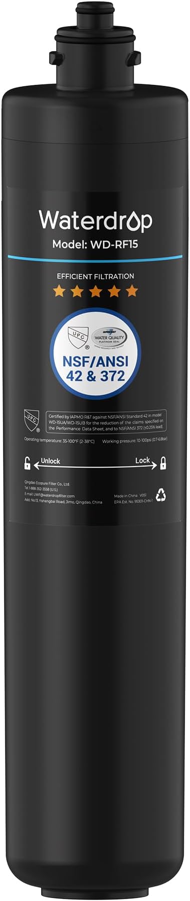Waterdrop RF15 Replacement Filter Cartridge for 15UA/15UB/15UC Under Sink Water Filter, Reduces PFOA/PFOS, PFAS, Lead, Chlorine, Bad Taste & Odor, NSF/ANSI 42 Certified, 19K Gallons High Capacity